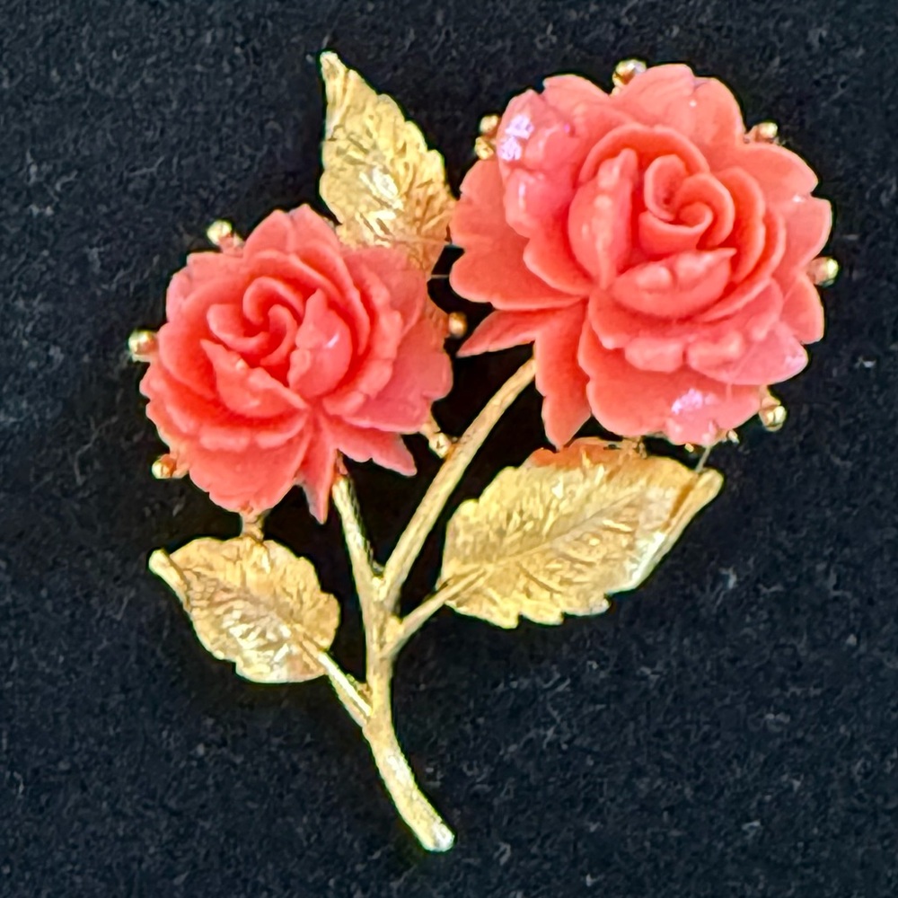 Vintage Faux Coral Double Rose Brooch 1960’s